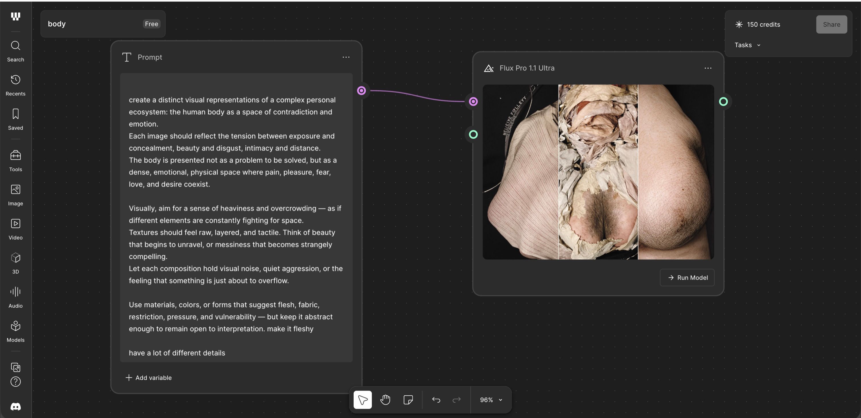 A node-based AI workspace: a written prompt connected to a generated image of folded, flesh-like fabric