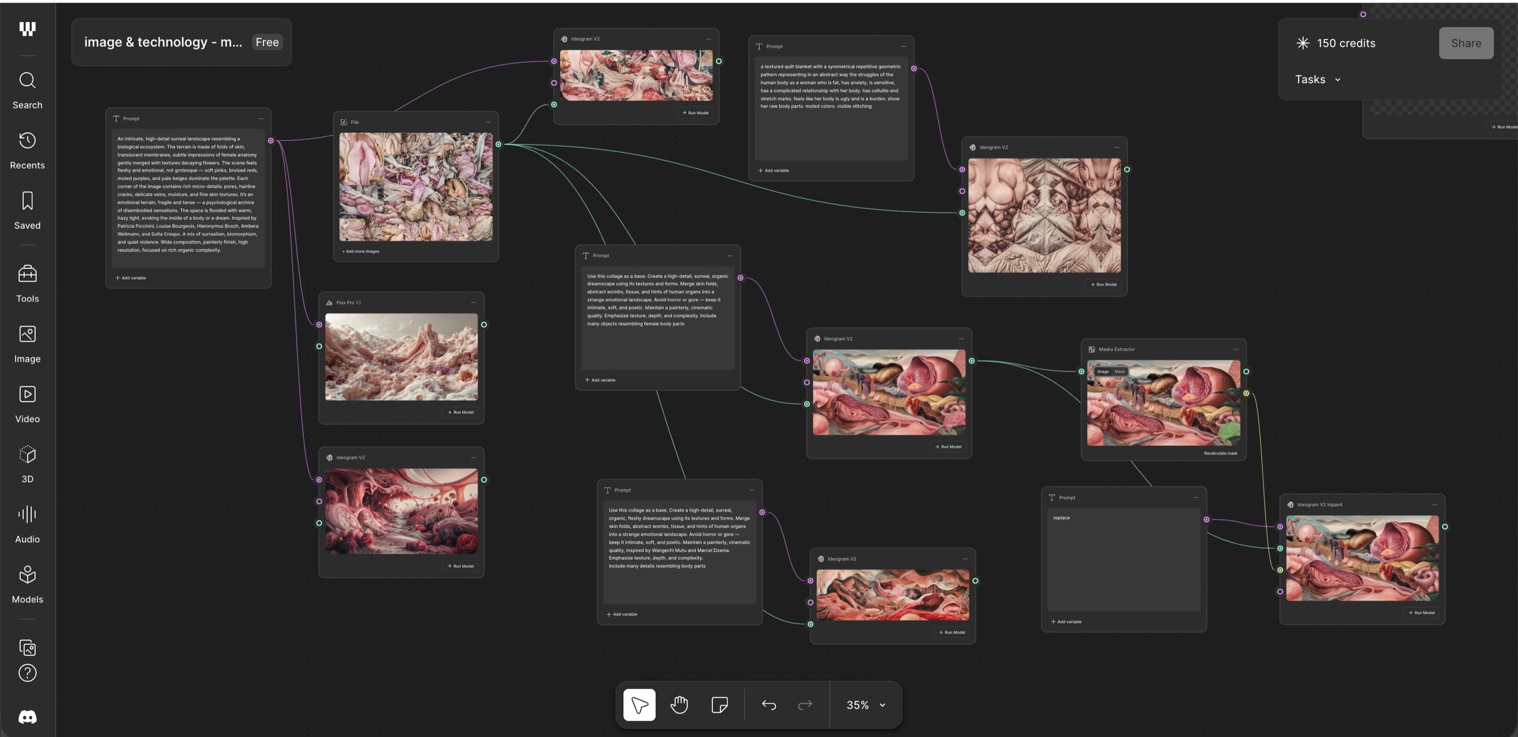 The AI workspace: prompts and images connected in a branching graph