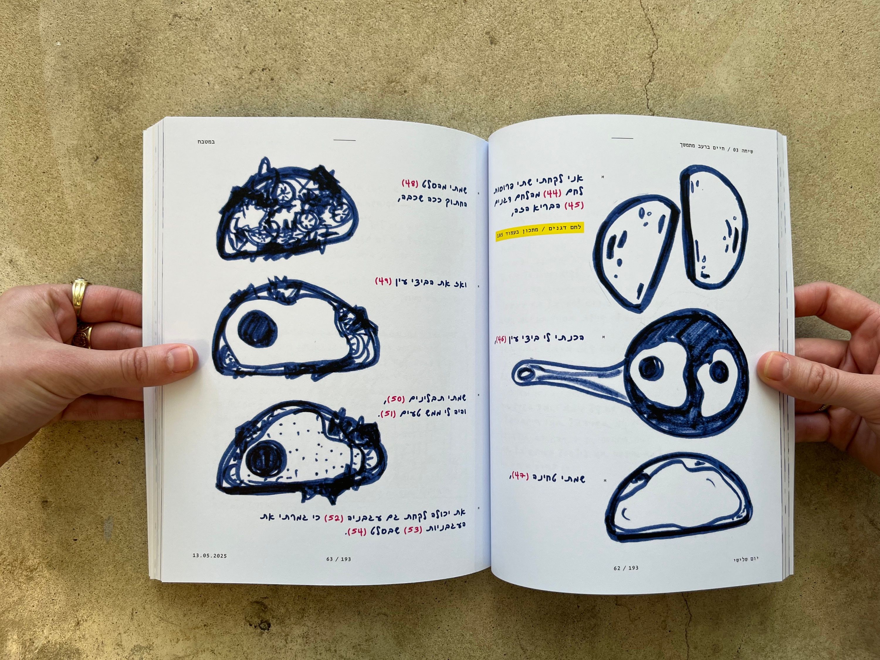 A spread of blue marker drawings of food with a yellow highlight