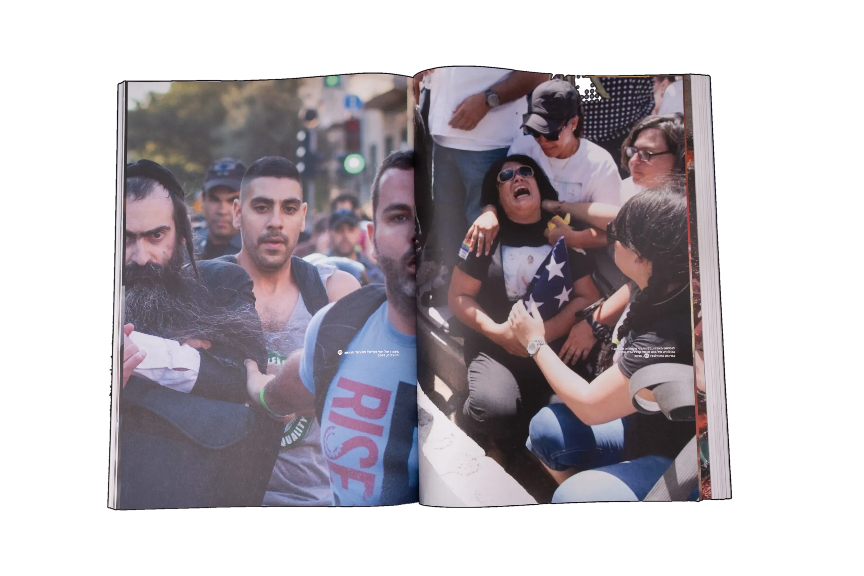 A spread of news photographs of a street confrontation