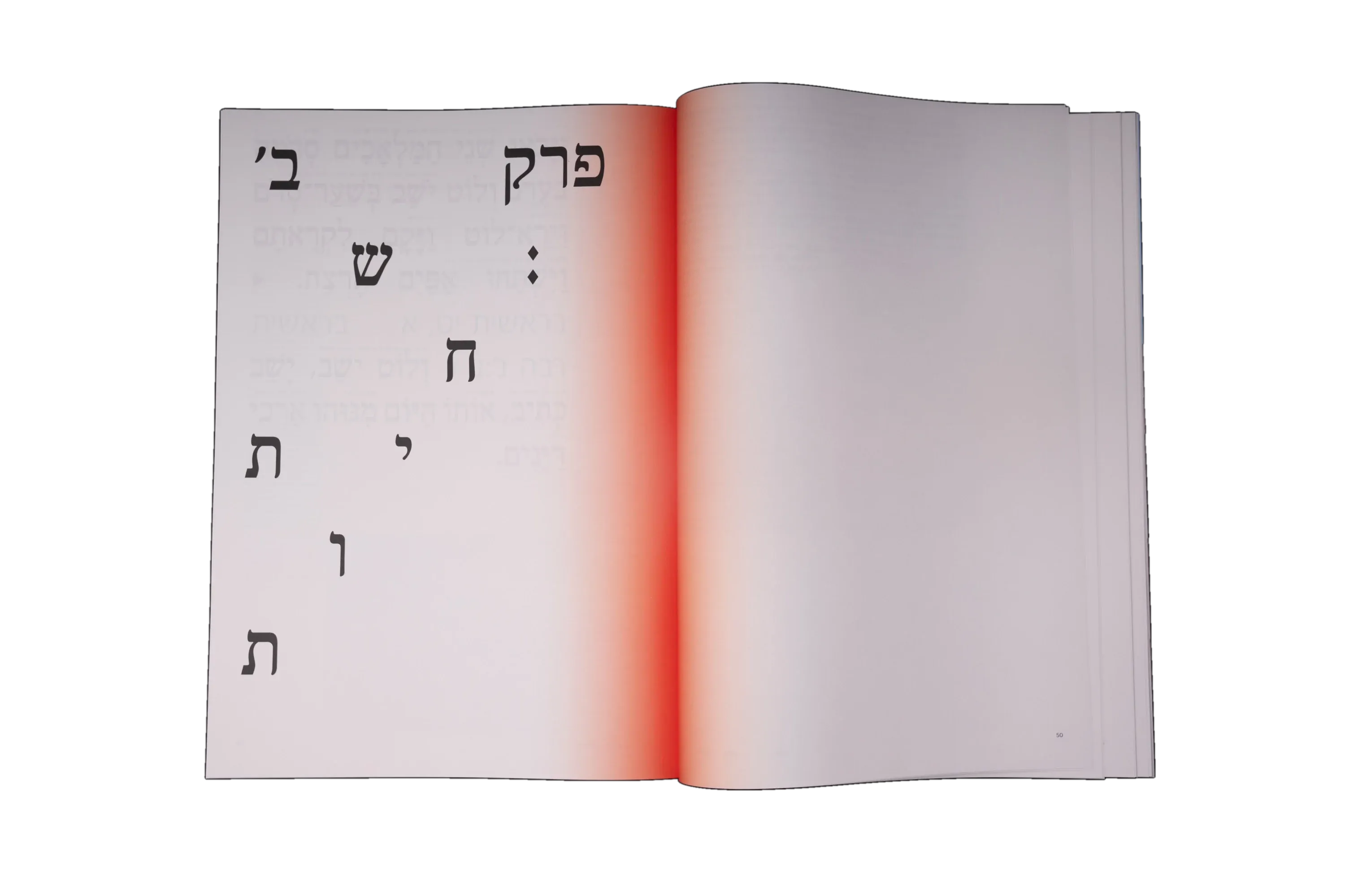 A chapter opening with its title letters spaced down the page and a red gradient along the gutter