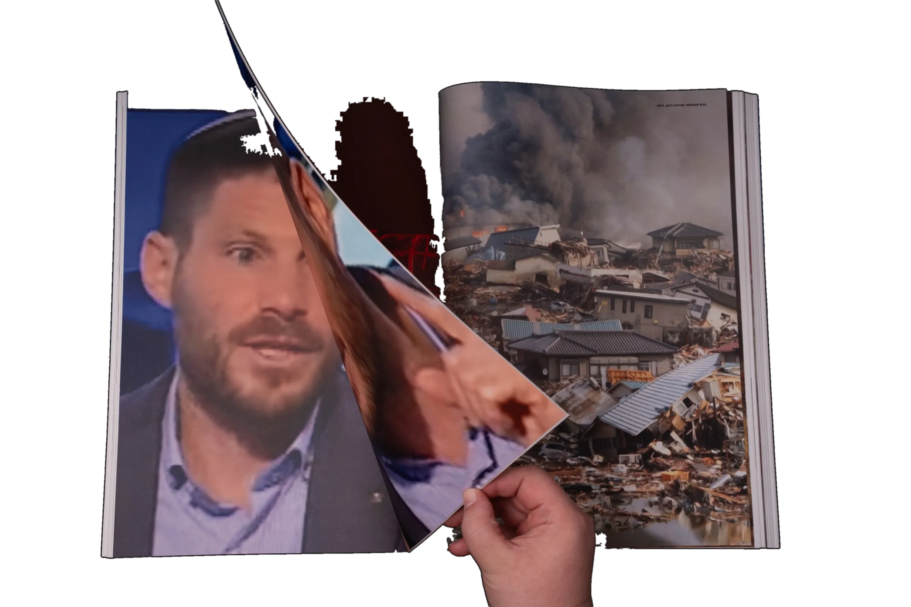 A hand turning a page between a television still and a photograph of destruction